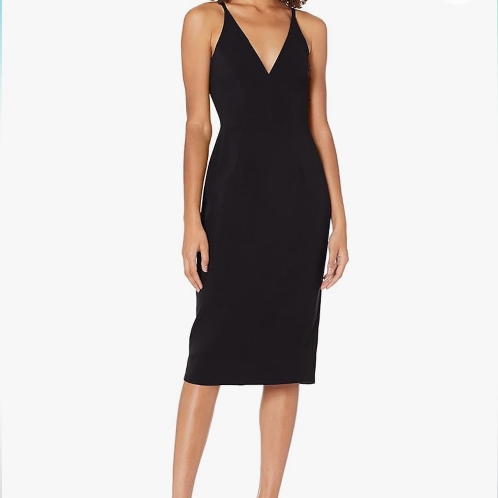 DRESS THE POPULATION Women’s Black Plunging Sleeveless Fitted Midi Sheath Size S